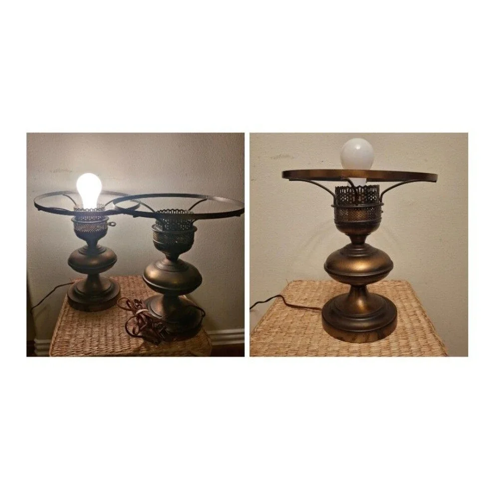 Vintage MCM Mid Century Brass Electric Oil Style Table Lamp (2) Retro Regency